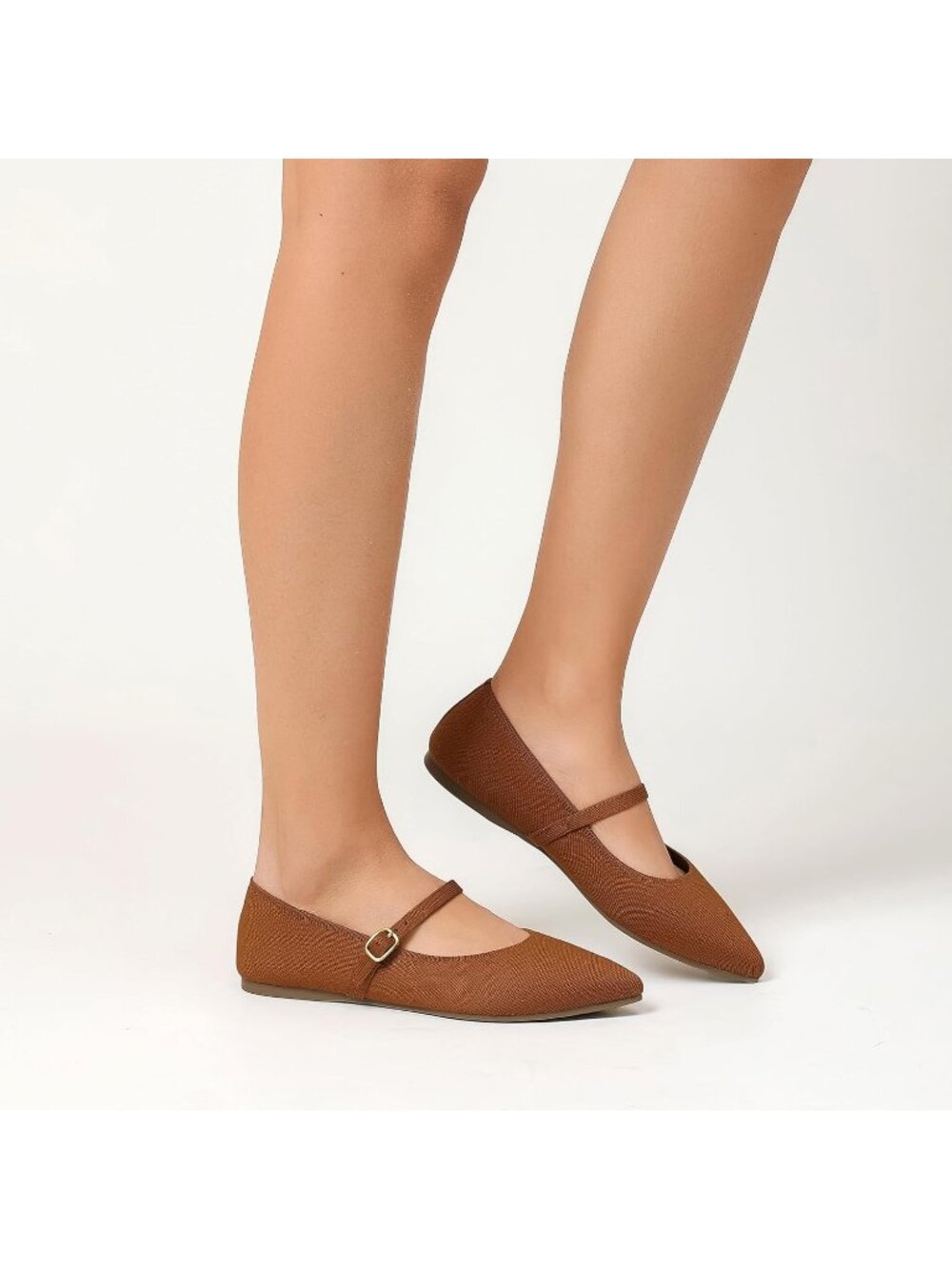 Women's Brown Comfortable Pointed Toe Adjustable Strap Knit Ballet Flat Shoes - Picture 2 of 6